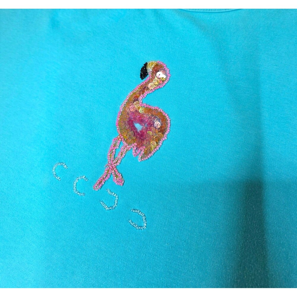 Vintage QUACKER FACTORY Sky Blue Sequin Beaded Flamingo T-Shirt Maxi Dress 2X - Picture 8 of 12